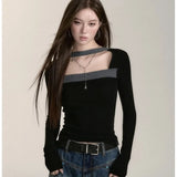Vevesc Slim Fit Women Korean Gray Knitted T-shirts Contrast Color Camisetas Square Collar Y2k Elegant Black Tees Patchwork Long Sleeve
