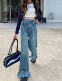 Vevesc Gothic High Waist Denim Pants Women Chic Ruffles Ruffle Hem Jeans Wide Leg   Female  Kawaii Y2K Straight Trousers