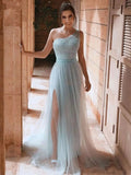 Vevesc Romantic Sky Blue One Shoulder Evening Dresses Sequins A-line Tulle Gown Side Slit Floor-length Bride Dresses Vestidos De Novia