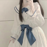 Vevesc Harajuku Sweet Sailor Collar White Dresses Summer New Slim Waist Bow Vestidos Mujer Y2k E-Girl Long Sleeve Dress for Women