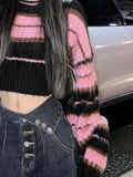 Vevesc Y2k Aesthetic Cropped Sweater Women Casual Loose Contrast Color Striped Pullover Harajuku Streetwear Vintage Jumper Fairy Sueter