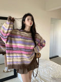 Vevesc Vintage Rainbow Striped Sweater Women Y2K Korean Style Oversize Pullover Knitted Tops Jerseys Egirl Kpop Casual Jumper