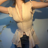 Vevesc  Women Elegant Flying Sleeves Chic Buttons T-shirt Ruffles Hem Fitted Top French Style Vintage Summer Lady Tee Street