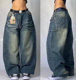 Vevesc Y2k Hip Hop Retro Washed Jeans with Various Prints Design Fashionable Streetwear Versatile Jeans Same Style for Men and Women