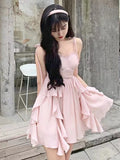 Vevesc Summer Bule France Elegant Dress Women Backless Fashion Designer Suspender Dress Female Ruffle Flounce Korean Sweet Dress