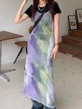 Vevesc Vintage Tie Dye Print Mesh Dress Women Sexy Y2k Spaghetti Strap Maxi Dresses Korean Fashion 2 Piece Set Robe Vestidos De Mujer
