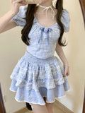 Vevesc Summer Plaid Kawaii Two Piece Skirt Set Women Lace Lolita Mini Skirt Suit Female Korean Fashion Elegant Cute Party Set New