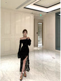 Vevesc  Sexy Slash Neck Long Sleeve Party Dress Women Temperament Waist Slim Split Irregular Evening Long Dresses Elegant Robe