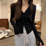 Vevesc Long Sleeve Gray Camisetas Slim Waist Women Bottoming V Neck Irregular Cross Tees Y2k Korean Casual Streetwear Tshirts