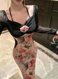 Vevesc  Velvet Evening Dresses Women Sexy Floral Long Sleeve Elegant Slim Patchwork Cocktail Dress Performance Party Ladies