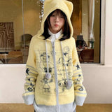 Vevesc Japanese Y2k Aesthetic Cartoon Jacquard Hoodies Cardigan Women Casual Kawaii Bear Ear Hoody Tops Harajuku Vintage Loose Sweater