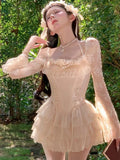 Vevesc  Spring Sweet Matching Sets Square Collar Flare Sleeve Lace Bandage Crop Tops Ruffles Mini Skirts Y2k Female Slim Women Clothing