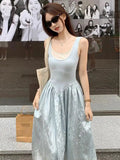 Vevesc  New Women Blue Patchwork Sleeveless High Waist Pleated Vest Dress Summer Fashion Sexy Backless Elegant Holiday Long Dress Casual