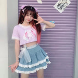 Vevesc Japan Harajuku Preppy Style Spliced Lace Skirts High Waist Y2k Aesthetic Constrast Color High Street Girl Clothes Tiered Skirt