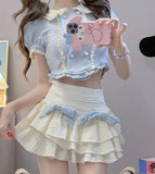 Vevesc Sexy Sweet Cool Moda Fashion Popular Two Piece Sets High Waist Spliced Lace Constrast Color Tops Y2k Bow Design Tiered Skirts