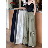 Vevesc Wide Leg Pants Drawstring Bow Casual Summer Preppy Style Trousers Y2k Ankle Length Women Straight Korean High Street