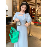 Vevesc Vintage Elegant Dress Women Summer Short Sleeve Hollow Out A Line Midi Dresses Office Lady Korean Slim Simple Vestidos New