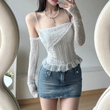 Vevesc White Thin Lace Knitted Tight Sexy Hot All-Match Casual High Street Fashionable Women's Camisole Vest With Sleeve