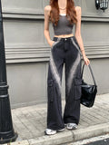 Vevesc Grey High Waist Women Jeans 90S Hip-hop Style Fashion Vintage Streetwear Y2K Wide Leg Jean 2025 Female Trouser Baggy Denim Pants