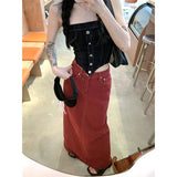 Vevesc S-3Xl Vintage Slit Denim Midi Skirts Women Y2K Red High Waist Wrap Jean Skirt Summer Korean Sexy Split Slim A Line Faldas