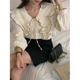 Vevesc Vintage Ruffles Shirts Women Elegant Black Patchwork Long Sleeve Blouses Office Ladies Korean Bandage Casual Chic Tops New