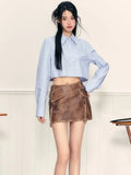 Vevesc  Sexy Pu Leather Mini Skirt Women Oversized Streetwear High Waist A-Line Skirt E Girl Zipper Design Belt Slim Skirt New