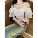 Vevesc Cropped Slash Neck Shirts Women Fashion Black Sexy Off Shoulder Blouses Summer Korean Office Ladies Elegant Slim Crop Tops