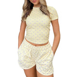 Vevesc  Floral/Bow Print Lounge Outfit Short Sleeve T-Shirt Tops + Elastic Waist Shorts Women Casual 2 Piece Set Sweet Cute Streetwear