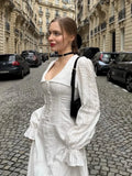 Vevesc  Elegant White U-neck Maxi Dress For Women Fashion Single Breasted Flare Long Sleeve High Waist Robe Summer Lady Chic Streetwear