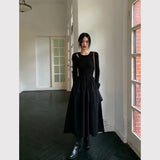 Vevesc Vintage Black Knitted Long Sleeve Midi Dress Women Hepburn Style Hollow Out O Neck Office Lady Slim Casual A Line Dress New