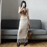 Vevesc Apricot Embroidery Pattern Sexy All-Match Self-Cultivation Mature Feminine Simple Women'S Long Tassel Skirt