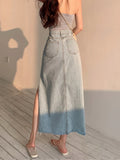 Vevesc Long Denim Skirt Vintage Women Solid High Waist  A-LINE Slim Korean Style Jean Slit Midi Skirt Summer Fashion Girl