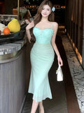 Vevesc  New Green Mesh Patchwork Diamonds Sling Long Dress Summer Elegant Casual Home Dress Women Korean Fashion Bodycon Prom Dress