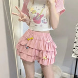 Vevesc Y2K Sweet Ruffles Mini Skirt Women Kawaii Lolita Bow A Line S Harajuku Japanese High Waist Pink White Ball Gown