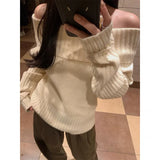 Vevesc Vintage Off Shoulder Sweater Women Solid Elegant Sexy Knitwear Long Sleeve Jumper Slash Neck Causal Harajuku Pullovers