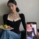 Vevesc Vintage Knitted Sweater Women Square Collar Cropped Pullovers Korean Elegant Slim Knitwear Simple Patchwork Jumpers Tops