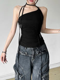 Vevesc Harajuku Sleeveless Crop Tank Top Vintage Y2k Aesthetic Sexy Bandage Halter Vest Summer Solid Pleated Camisole Fairy Grunge Tees