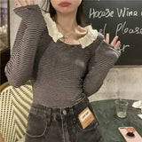 Vevesc Elegant Chic Women Short Tees Slim Fit Striped Long Sleeve Tops Tshirts Y2k Korean Sweet O Neck Edible Tree Fungus