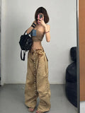 Vevesc American Retro Cargo Pants Oversized Fashion Baggy Wide Leg Spring Summer Women Y2K Grunge Streetwear Style Denim Trouser