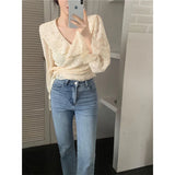 Vevesc Elegant Lace Cropped Blouses Women Vintage Bandage Long Sleeve Shirts Korean Designer Simple V Neck Slim Crop Tops New