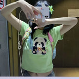 Vevesc Harajuku Cute Panda Print O-neck T-shirts Y2k Grunge Short Sleeve Green Tops Women 2024 Summer New Loose Cotton Tee Shirt