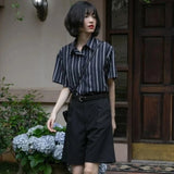 Vevesc Vintage Striped Blouses Women Summer Harajuku Short Sleeve Loose Shirts Office Lady Retro Elegant All Match Thin Coat Tops