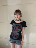 Vevesc Y2k Aesthetic Harajuku Summer Commuter Tops Sexy Slash Neck Halter Design Vintage Punk Print Girl Shirts All Match Casual Tees