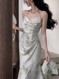 Vevesc Summer Women Spaghetti Strap Elegant Midi Print Vintage Dresses Holiday Backless Prom Clothes New