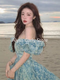 Vevesc Summer Vintage Fairy Floral Dress Women Casual Princess Long Split Dress Female Elegant Korean Evening Party Dress Ruffles