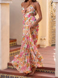 Vevesc  Elegant Maxi Dress with V-Neckline and Ruffle Detailing Boho Chic Sleeveless Floral Print Summer Dress for Women