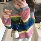 Vevesc Y2K Striped Sweater Women Streetwear Rainbow Patchwork Knitted Jumper Harajuku Korean Oversized Knitwear Pullovers Tops