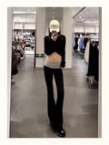 Vevesc Moda Low Waist Spliced Fake Two Piece Women Pants Slim Fit Korean High Street Flare Long Leg Trousers Y2k Aesthetic Soft Pants