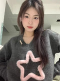 Vevesc Pink Sweet Star Pullovers Women V Neck Short Sweaters Long Sleeve Knitted Harajuku Preppy Style Y2k Loose Sueter Mujer Korean