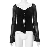 Vevesc  Slash Neck Lace-Up Shirts For Women Sexy Mesh Y2k Top Fashion Drop Sleeves Aesthetic Clothes Solid Casual Long Sleeve T Shirts